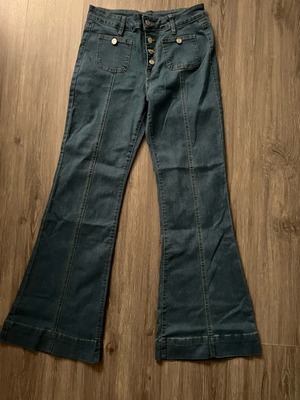 Women's Blue Flare Jeans with Front Button Detail- Retro Sailor Jeans